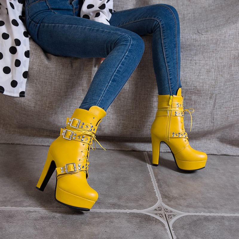 Studded Buckled Lace-Up Platform Chunky Heel Short Boots