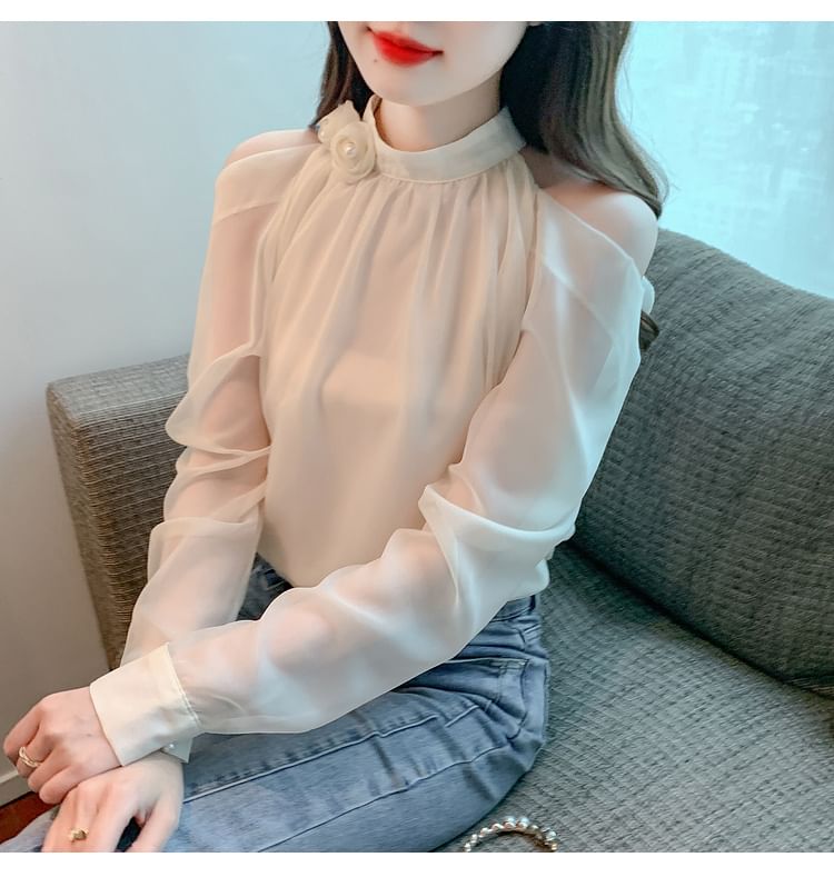 Plain Cold-Shoulder Long-Sleeved Blouse