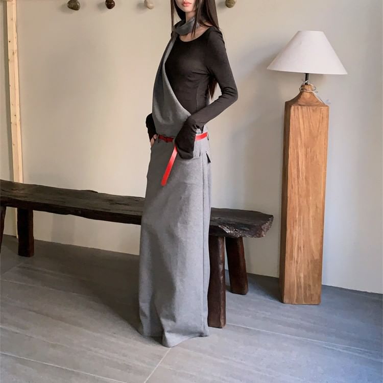 Set: Mock Two-Piece Long-Sleeve Maxi A-Line Dress + Belt