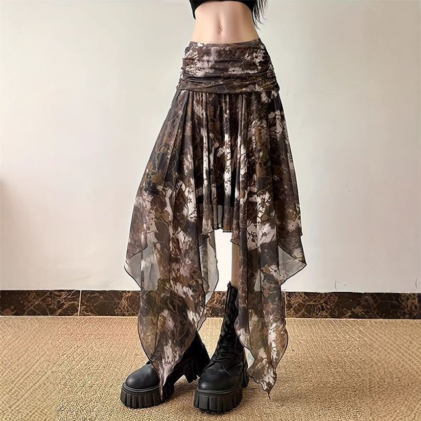 Tie Dye Asymmetrical Ruched Mesh A-Line Skirt