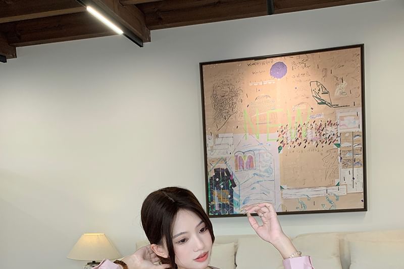 Long-Sleeve Blouse with Scarf Neck and Plain Design