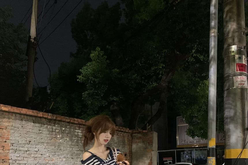 Mock-Layer Striped Henley Tee with Cold-Shoulder Long Sleeves