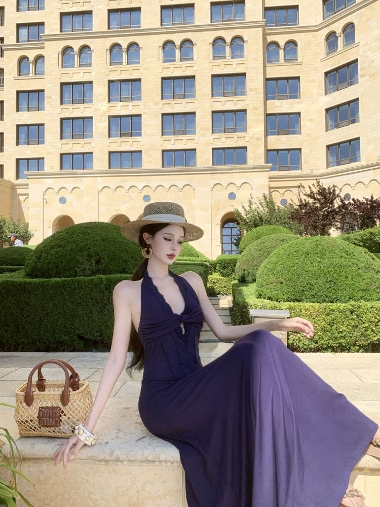 Sleeveless V-Neck Plain Maxi A-Line Dress