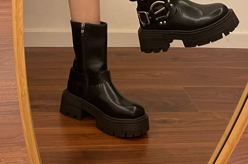 Faux Leather Buckled Strap Short Boots