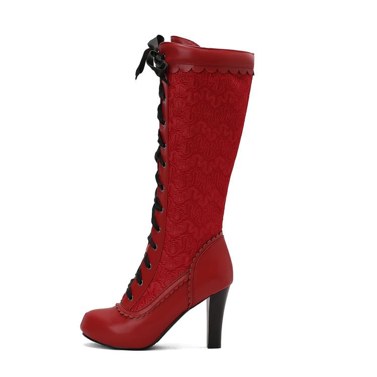 Lace Panel Lace Up High Heel Knee High Boots