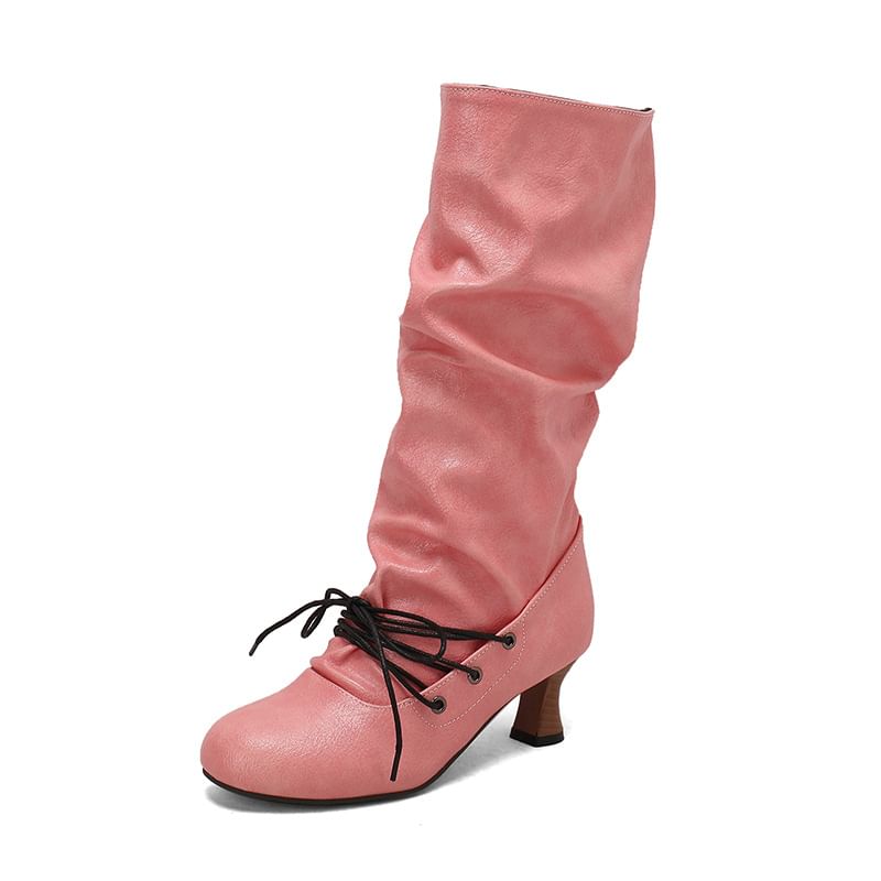 High Heel Lace Up Mid Calf Boots