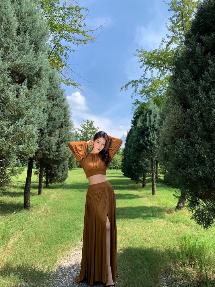 Cropped Blouse & Maxi Skirt Set - Round Neck, Long Sleeve