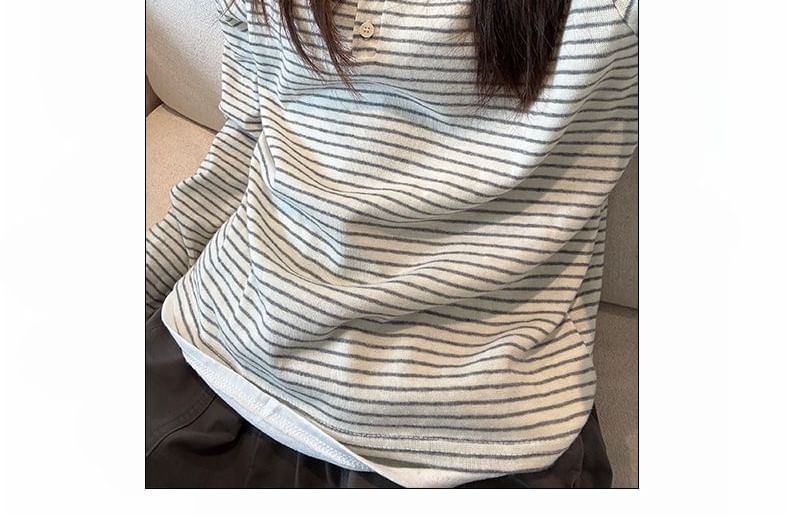 Mock Two-Piece Long-Sleeve Henley Striped T-Shirt