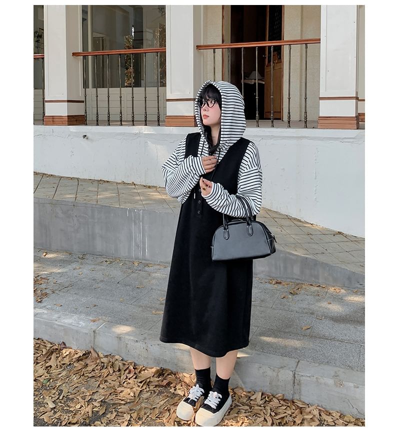 Set: Striped Hoodie & Plain Midi Overall Dress with Scoop Neck & Half-Button Front