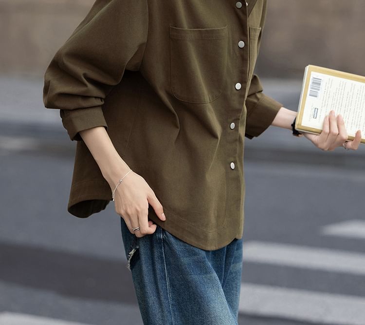 Scoop Hem Plain Shirt with Long Sleeves