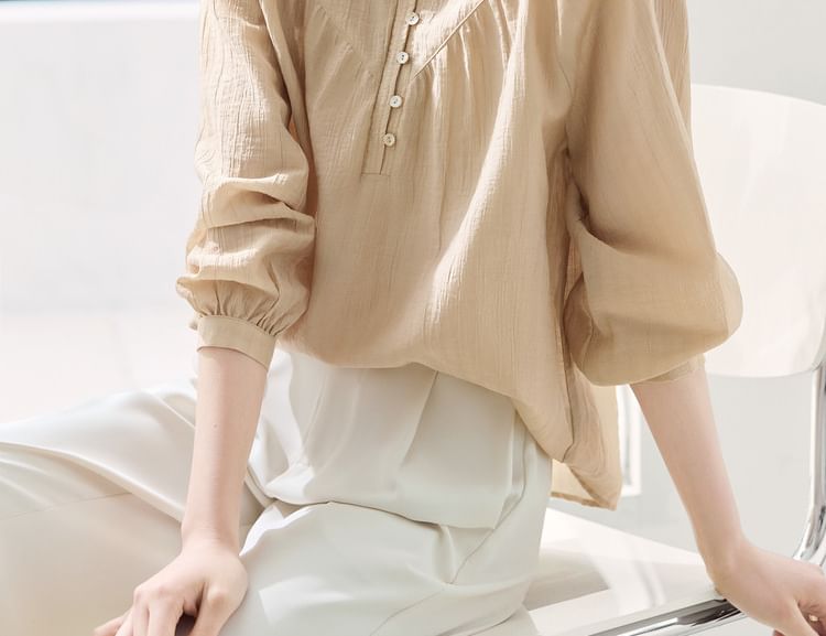 Half-Buttoned Plain Blouse with Long Sleeves