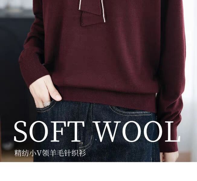 Knit Top with Tie Neck & Contrast Trim, Long Sleeves