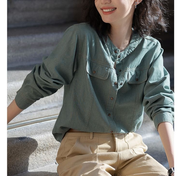Long-Sleeve Shirt with Frill Trim Detail