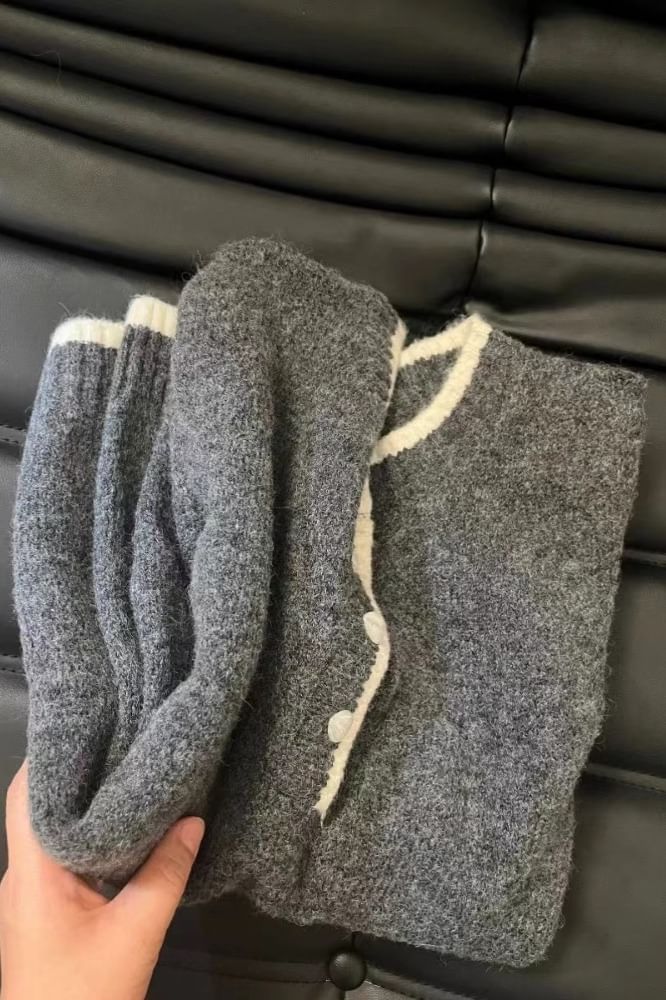 Henley Crewneck Sweater with Contrast Trim