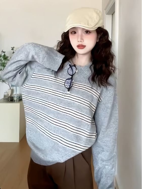 Striped Henley Collar Sweater