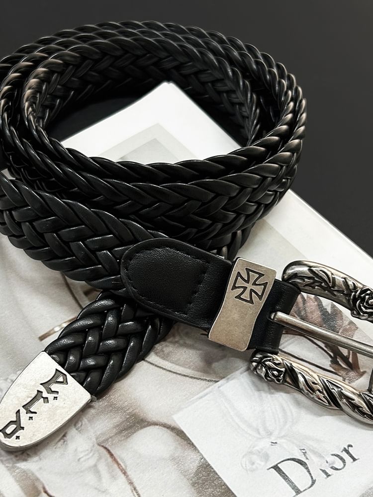 Engraved Buckle Braided Faux Leather Belt