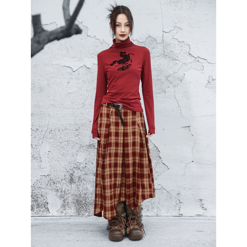 Plaid Asymmetrical Midi A-Line Skirt - High Waist