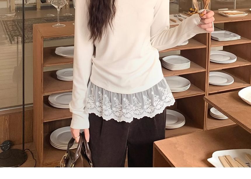 V-Neck Slim-Fit Tee with Lace Panels and Long Sleeves