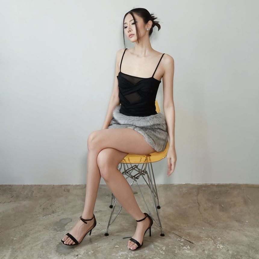 Spaghetti Strap Faux Fur Panel Sheer Mini Bodycon Dress