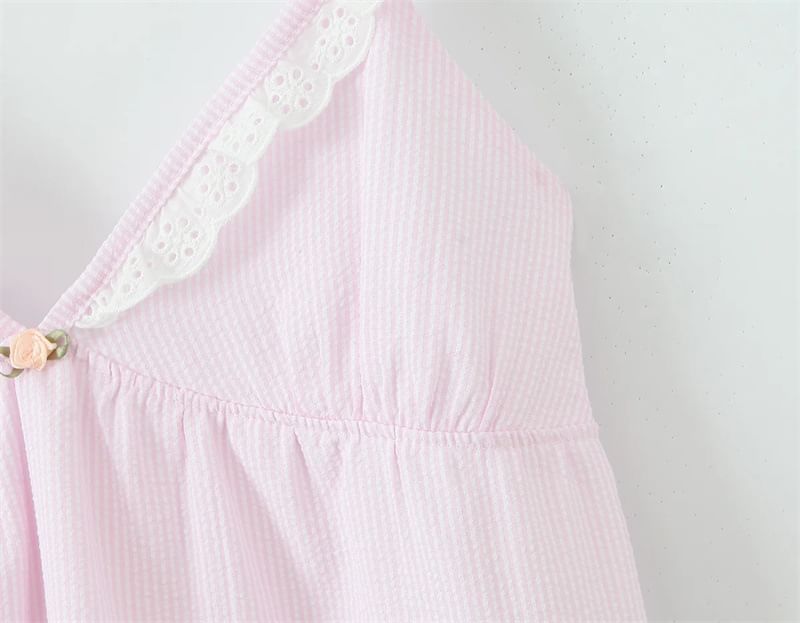 Spaghetti Strap V-Neck Pinstriped Lace Trim Mini Smock Dress