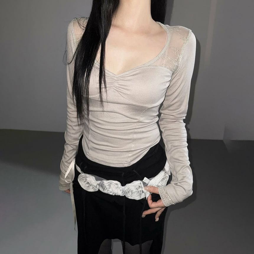 Scoop Neck Long Sleeve Tee with Lace Trim