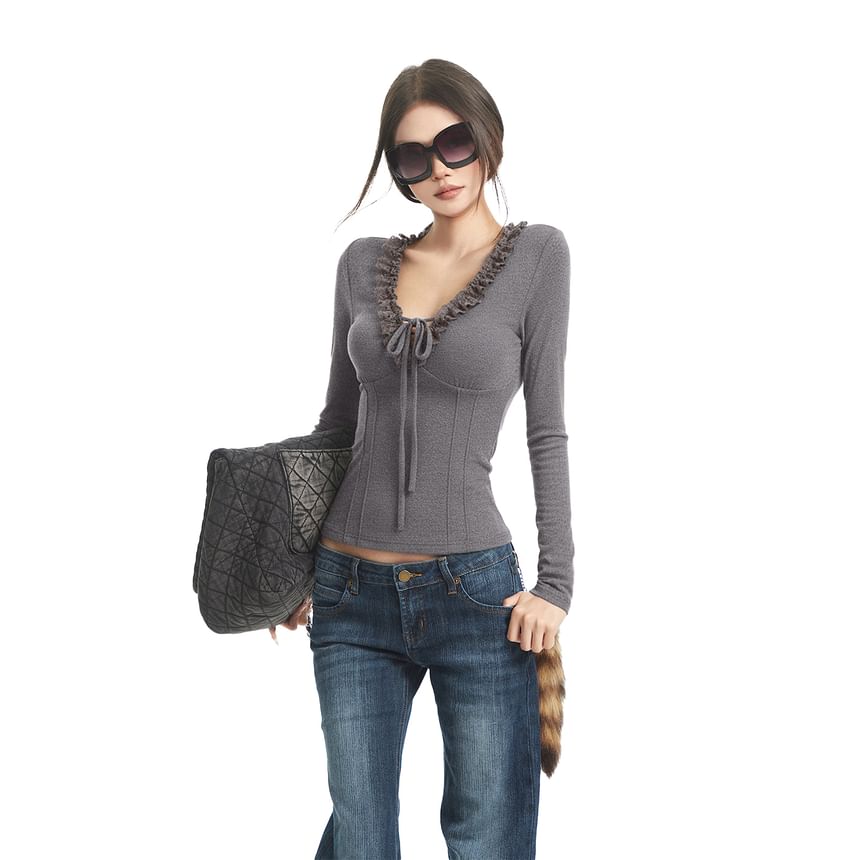 V-Neck Long Sleeve Tee with Lace Accents