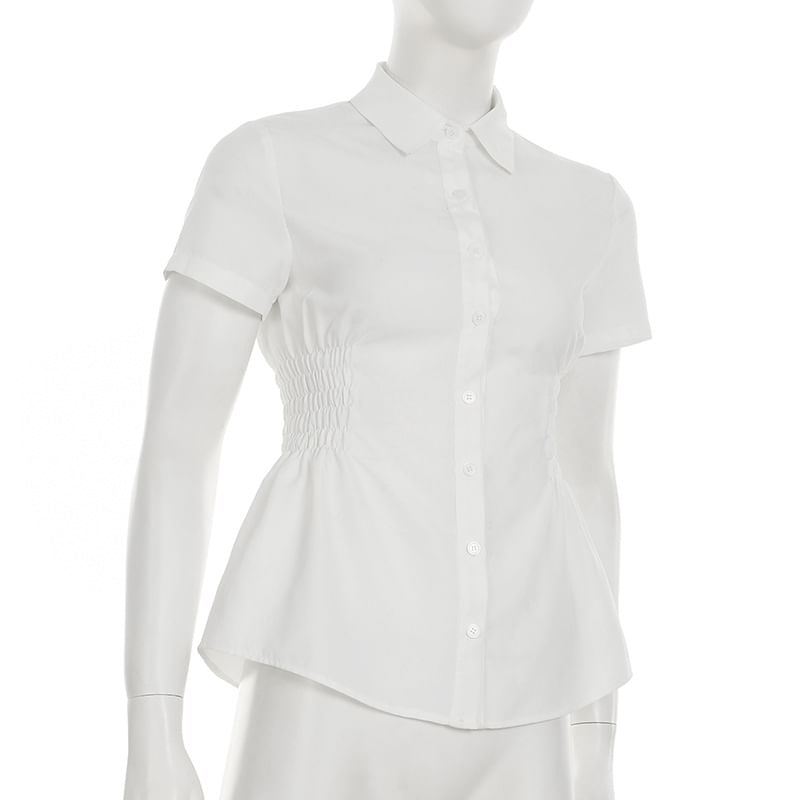 Short-Sleeve Collared Shirred Shirt