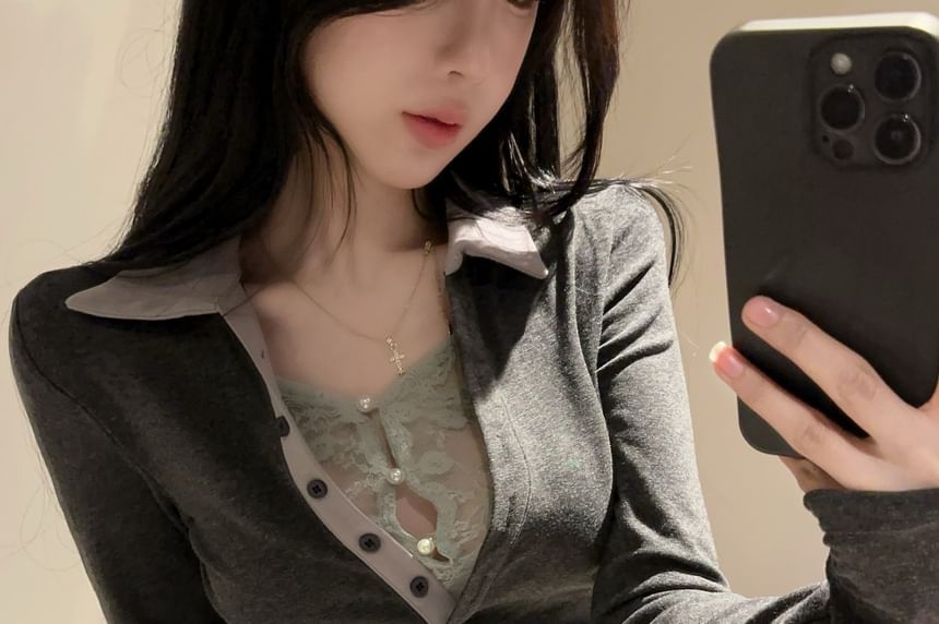 Mock Two-Piece Polo with Lace Panels and Contrast Collar