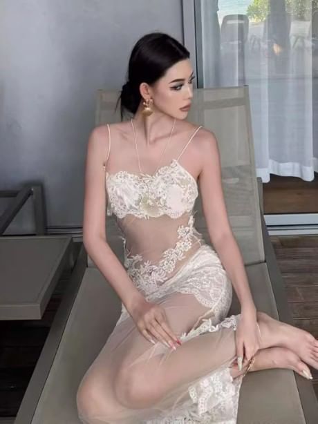 Halter Bikini Set with Lace Trim Mesh Mermaid Dress