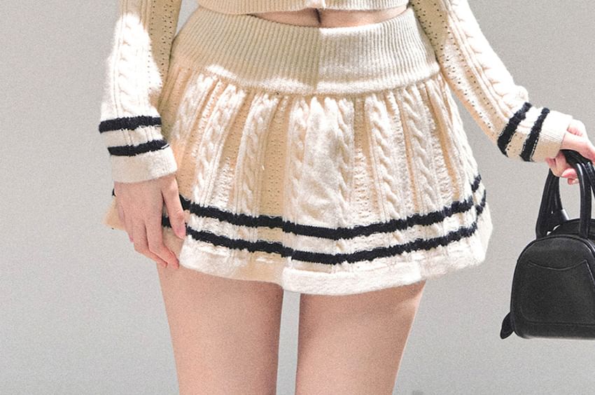 Crop Cardigan Set with Sailor Collar and Knit Mini Skirt