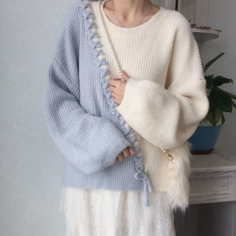 Round Neck Two Tone Lace-Up Sweater