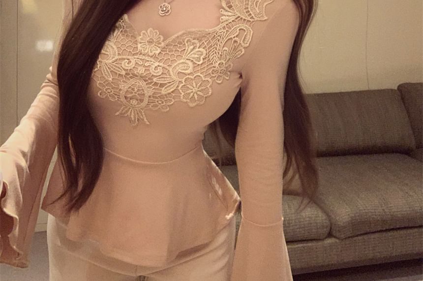 Long-Sleeve Lace Panel Flowy Top