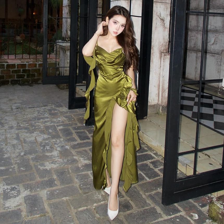 Spaghetti Strap Cowl Neck Plain Ruffled-Trim Satin Slit Maxi Dress