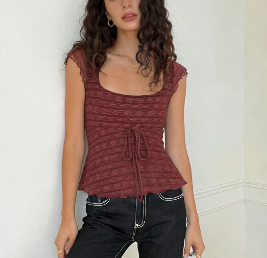 Scoop Neck Lace Tie-Waist Slim-Fit Tank Top