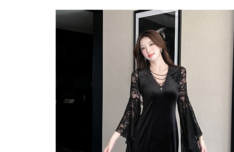 Flare-Sleeve V-Neck Lace Maxi Sheath Dress