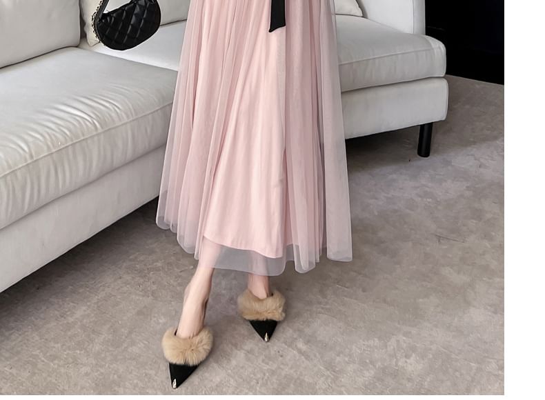 Long-Sleeve Queen Anne Neckline Mesh Maxi A-Line Dress