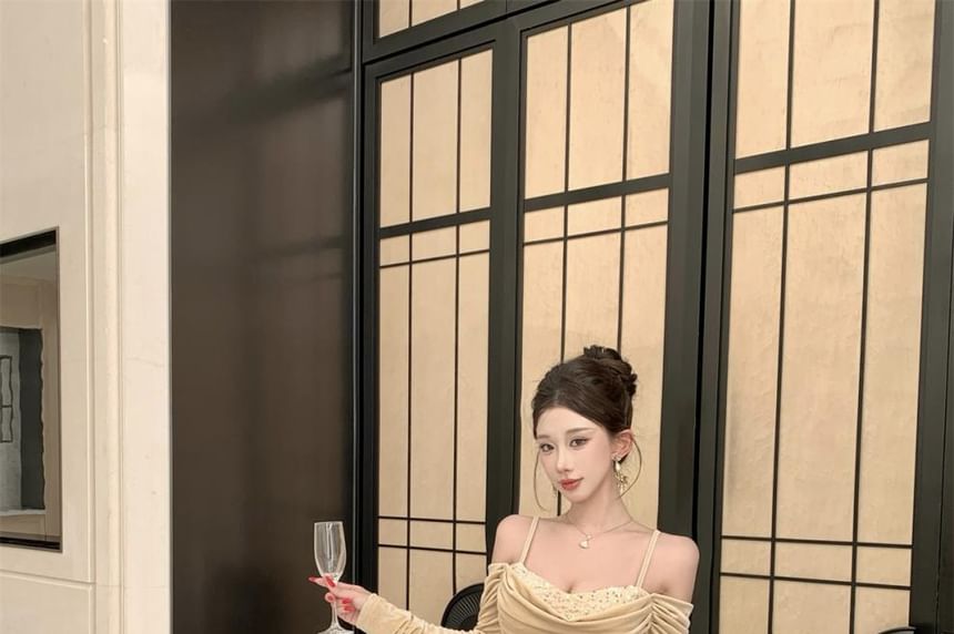 Long-Sleeve Cold Shoulder Sequin Panel Ruched Velvet Maxi Mermaid Dress