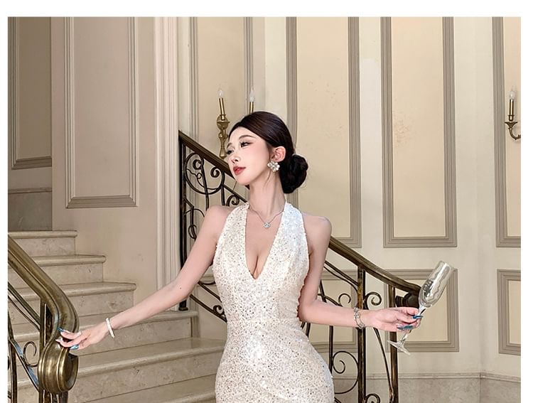 Sleeveless V-Neck Sequin Maxi Sheath Dress