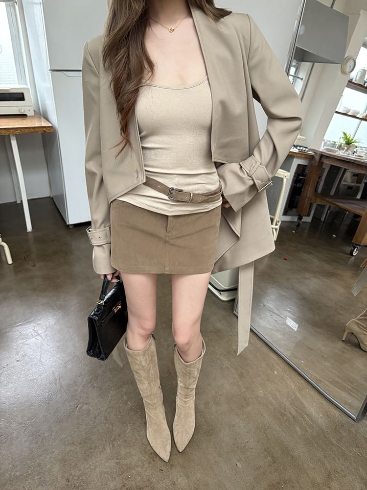 Mid-Rise Solid Pencil Mini Skirt with Belt