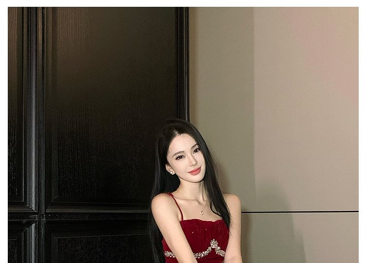 Spaghetti Strap Glitter Asymmetrical A-Line Evening Gown