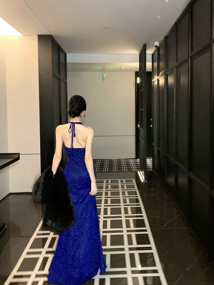 Halter V-Neck Glitter Open Back Slit Maxi Sheath Dress