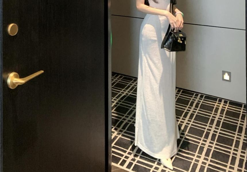 Halter Neck Contrast Trim Sheer Slit Maxi Bodycon Dress