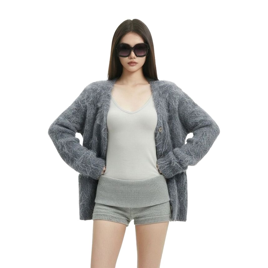 V-Neck Plain Fluffy Button Up Cardigan