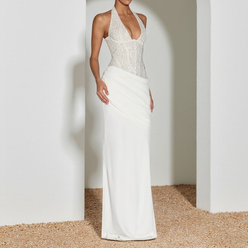 Sleeveless Halter V-Neck Sequin Paneled Maxi Bodycon Dress