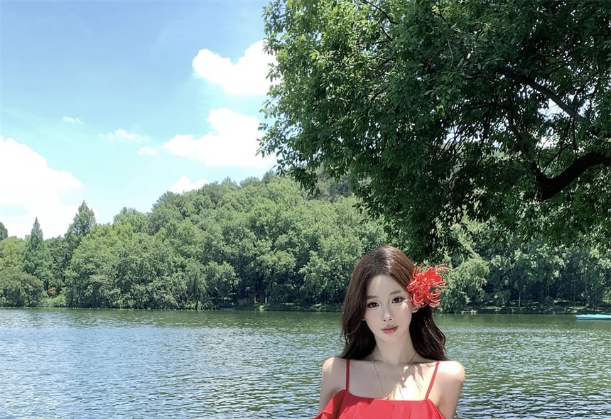 Ruffle Sleeve Cold Shoulder Plain Open Back Slit Maxi A-Line Dress