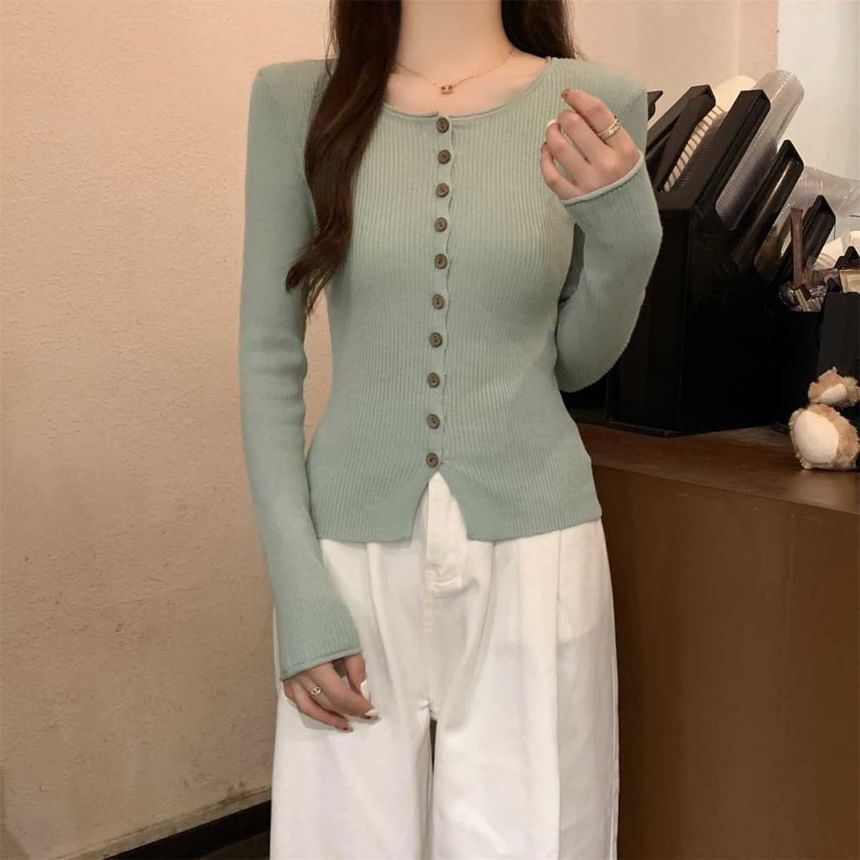 Crew Neck Button-Up Plain Cardigan