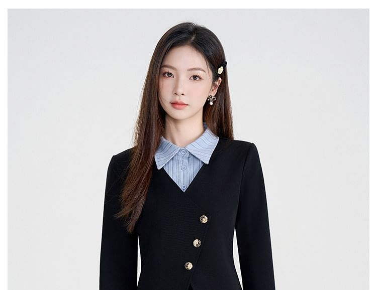 Striped Collared Blouse with Midi A-Line Skirt Set