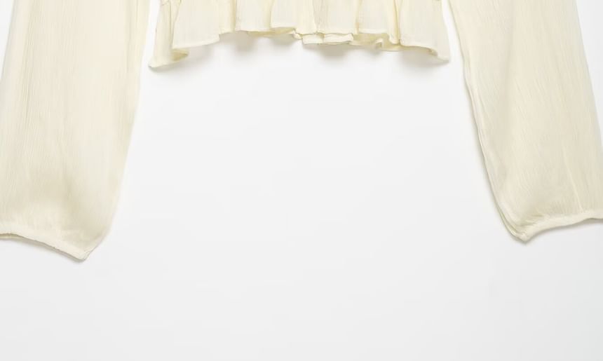 Long Sleeve V-Neck Lace Button-Up Sheer Crop Blouse