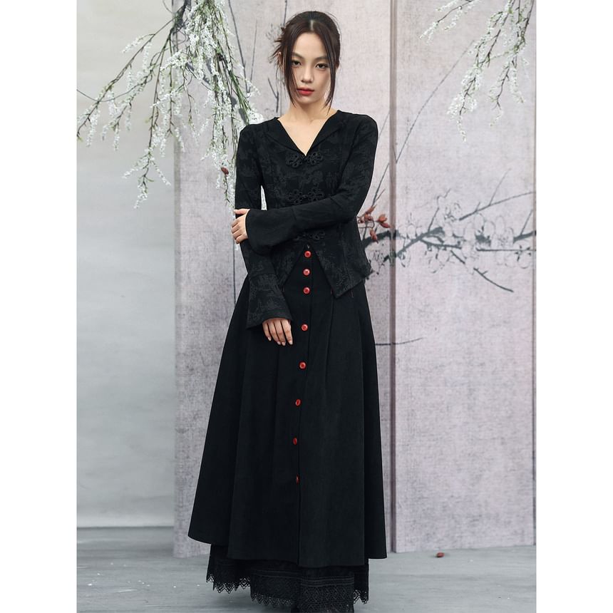 Corduroy Button Layered Lace Maxi A-Line Skirt High-Waisted Contrast Stitch