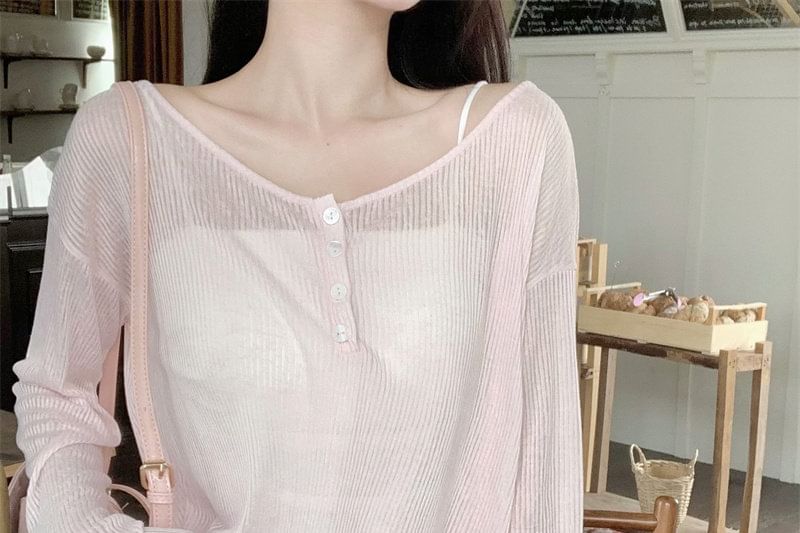 Tie-Back Henley Shirt with Long Sleeves